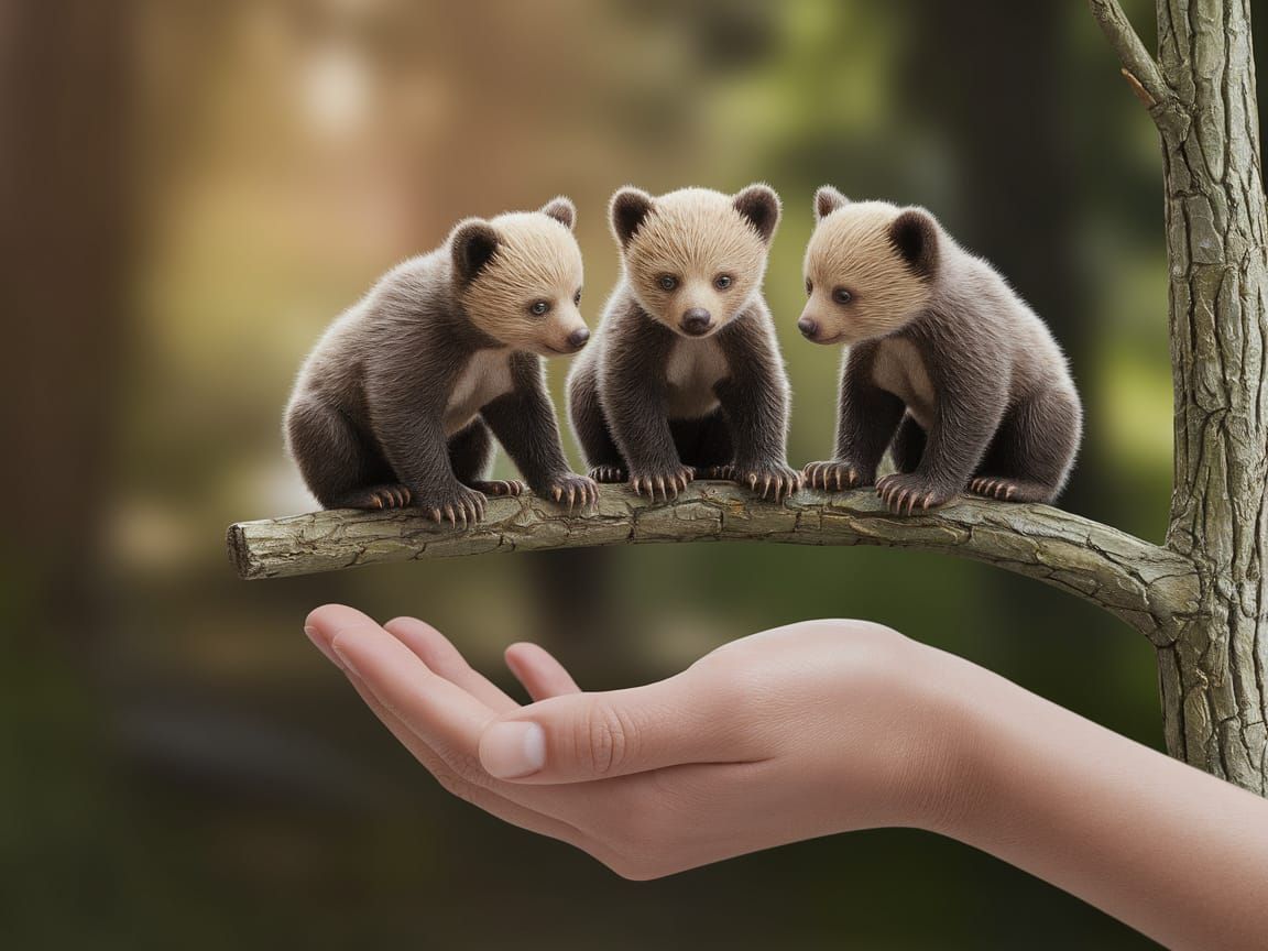 Realistic Miniature Scene of Brown Bear Cubs on a Tree Branc...