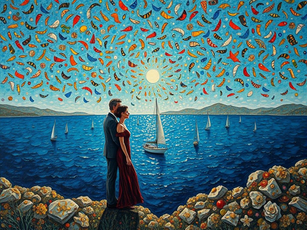 Pointillist Portrait of Lovers in a Mediterranean Landscape