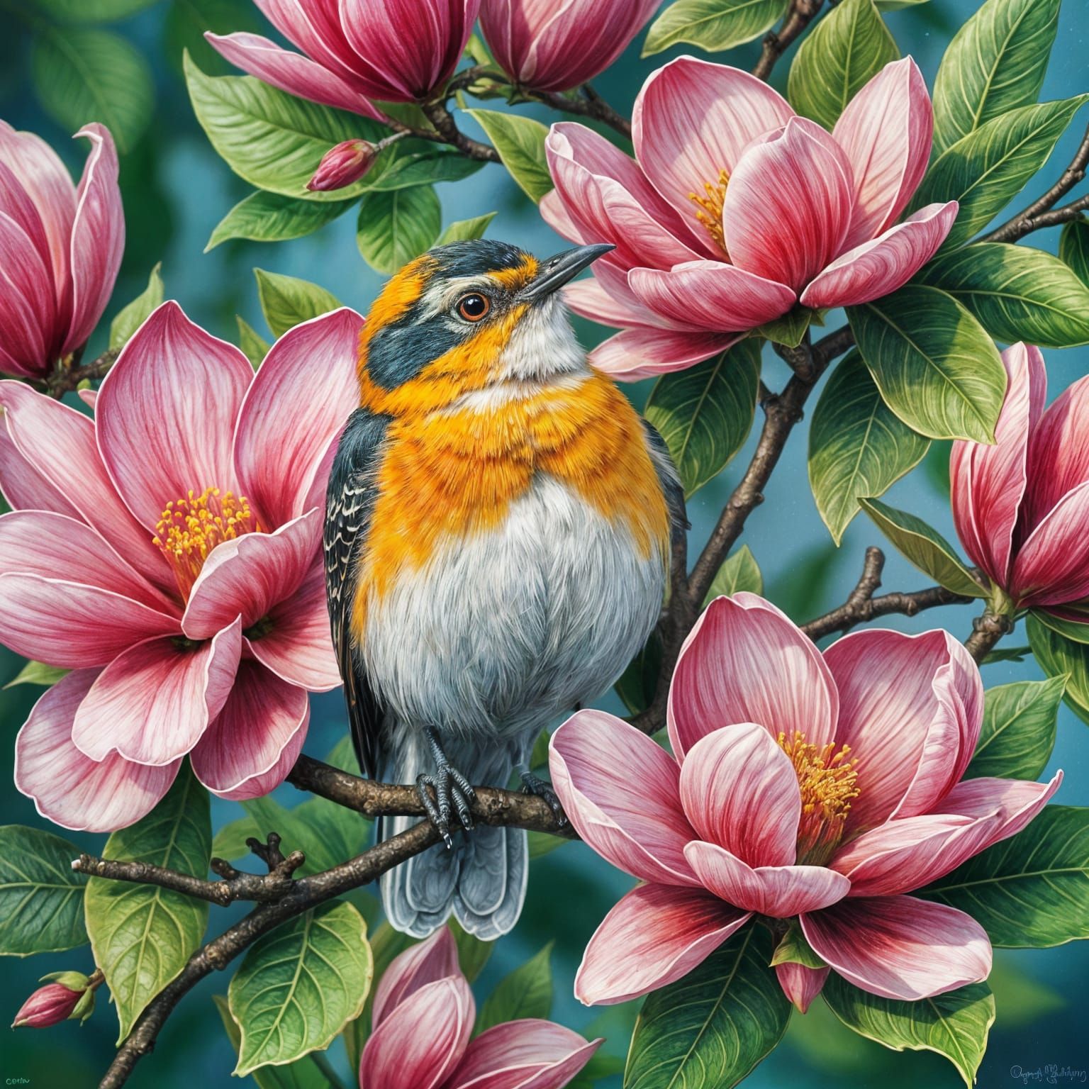 Mockingbird in Magnolia Tree, Pointillist Mixed Media