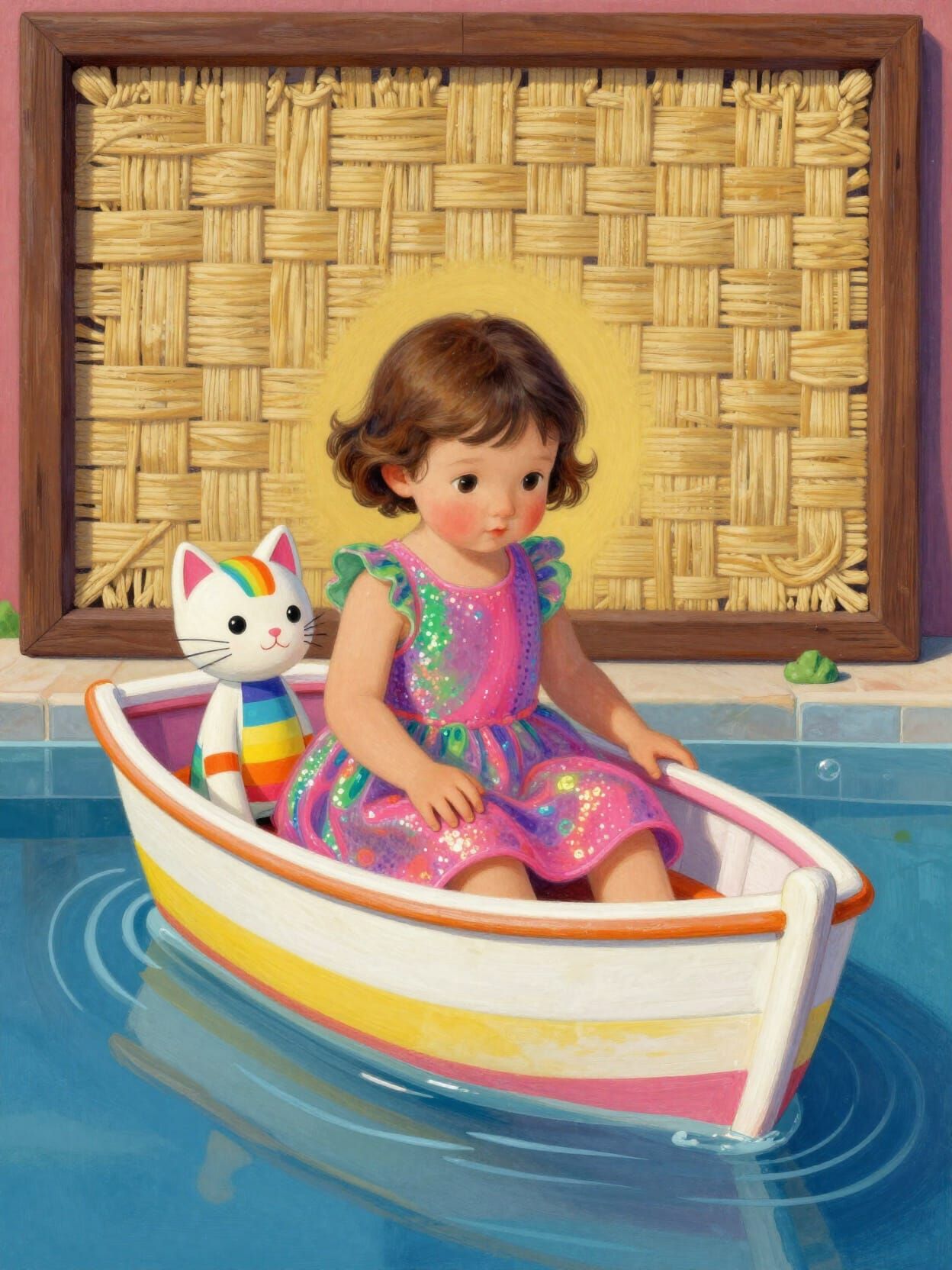 Child and Cat Doll in Toy Boat