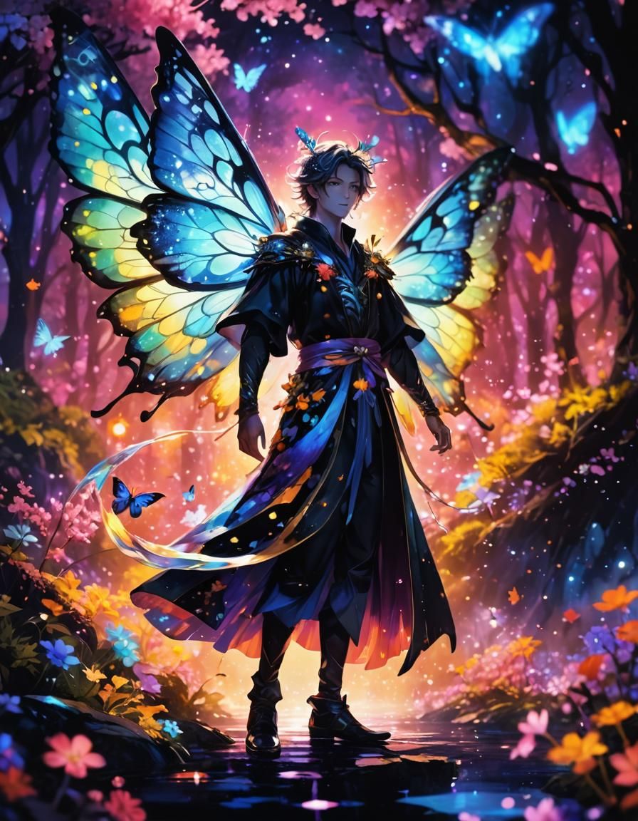 Handsome Moth Fairy in Bioluminescent Anime Forest