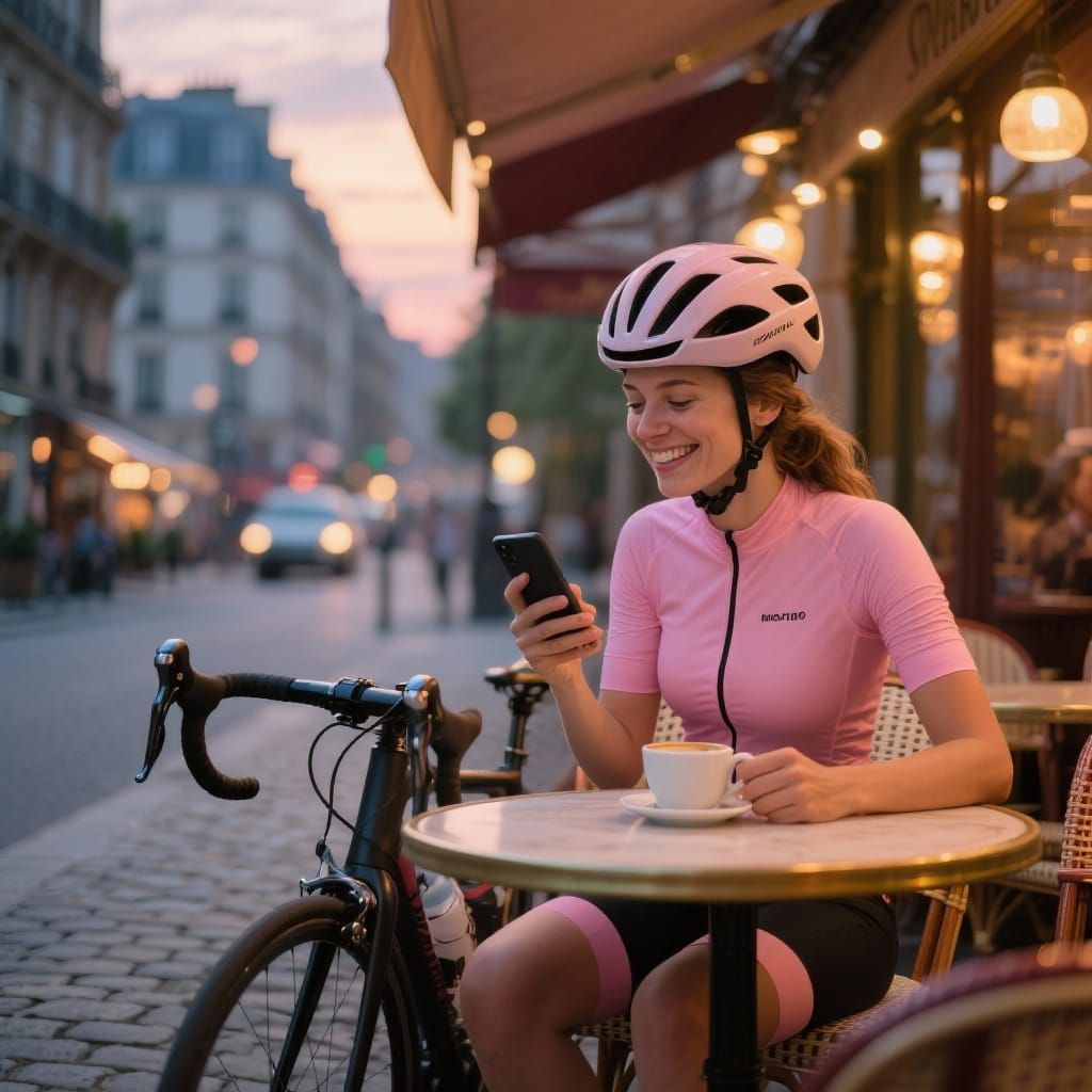 Cyclist Relaxing at Parisian Cafe in Evening Glow