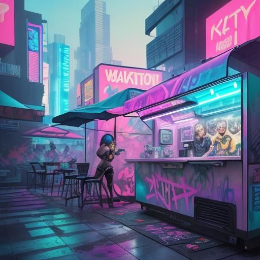 Cyberpunk Food Truck in Watercolour Graffiti Style
