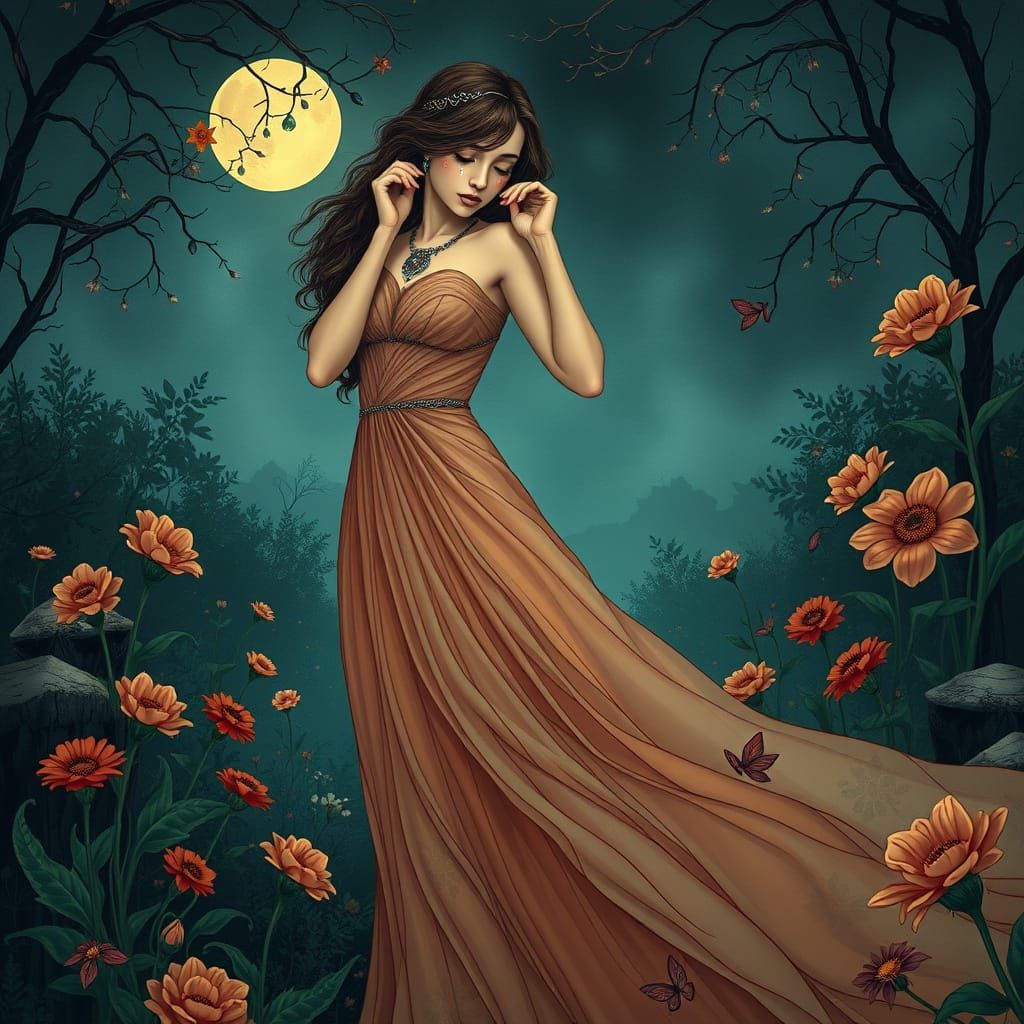 Vulnerable Woman in Art Nouveau Garden