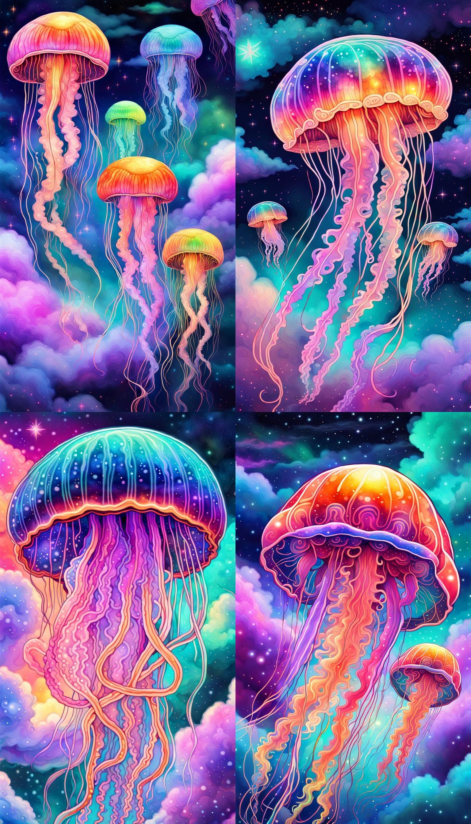 Neon Jellyfish in a Starry Sky: Digital Art