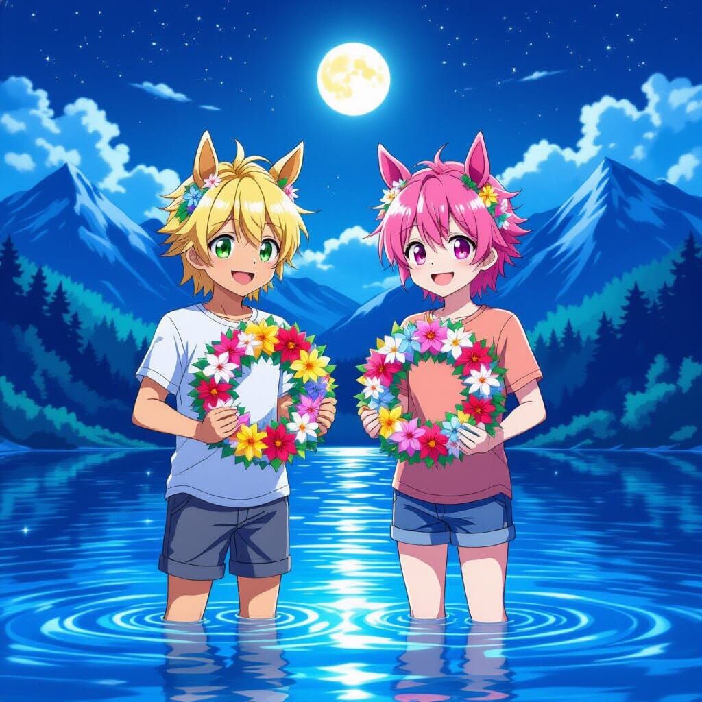 Anime Boys with Horse Ears in Mountain Lake
