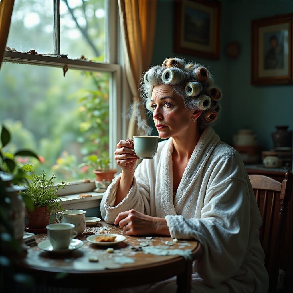 Woman in Curlers Drinks Coffee: Hyperrealistic Splash Art