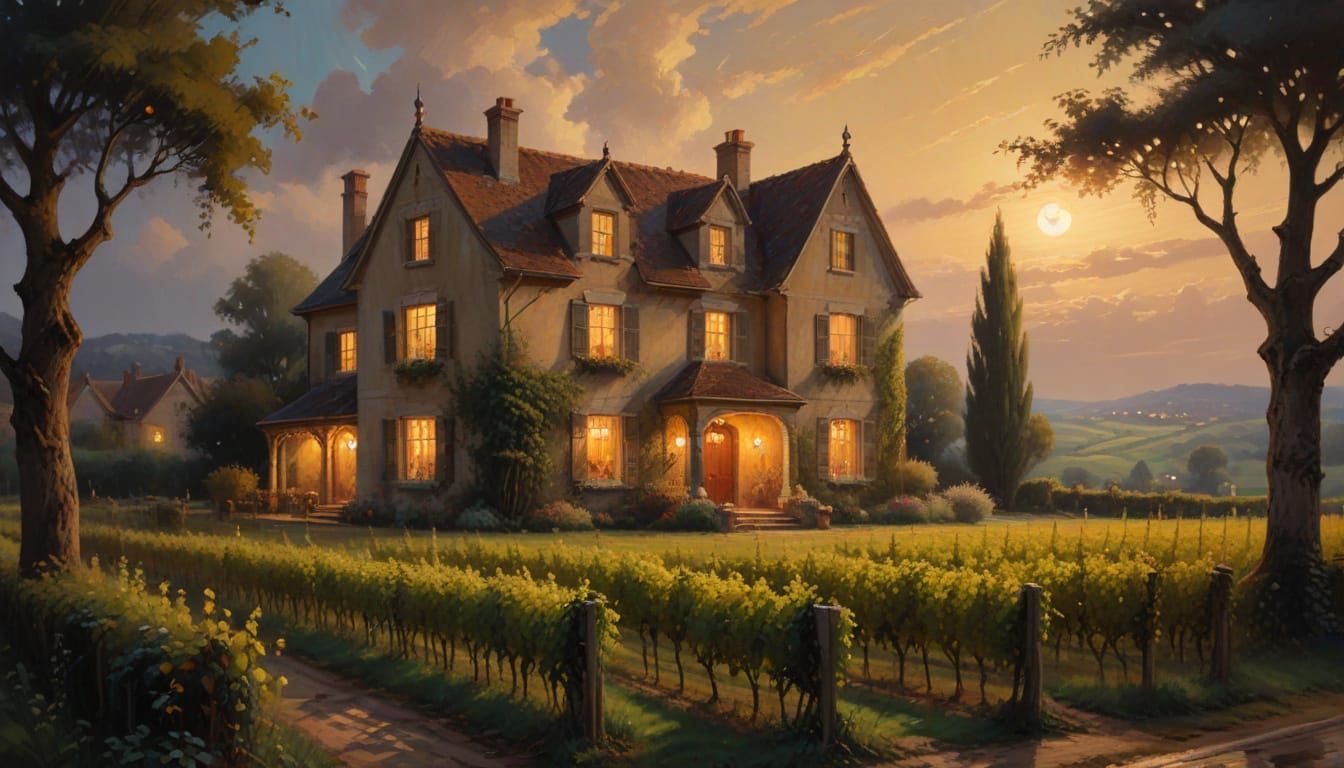 Warm Golden Manor House Under Starry Night