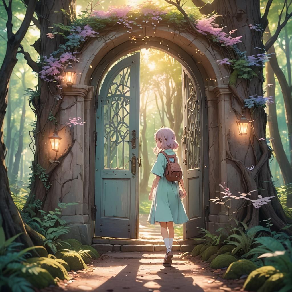 Anime Girl Enters Magical Doorway in Pastel Colors