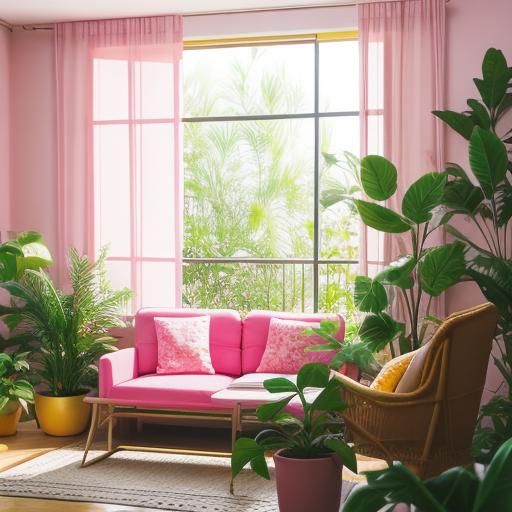 Vibrant Pink and Yellow Apartment with Plants