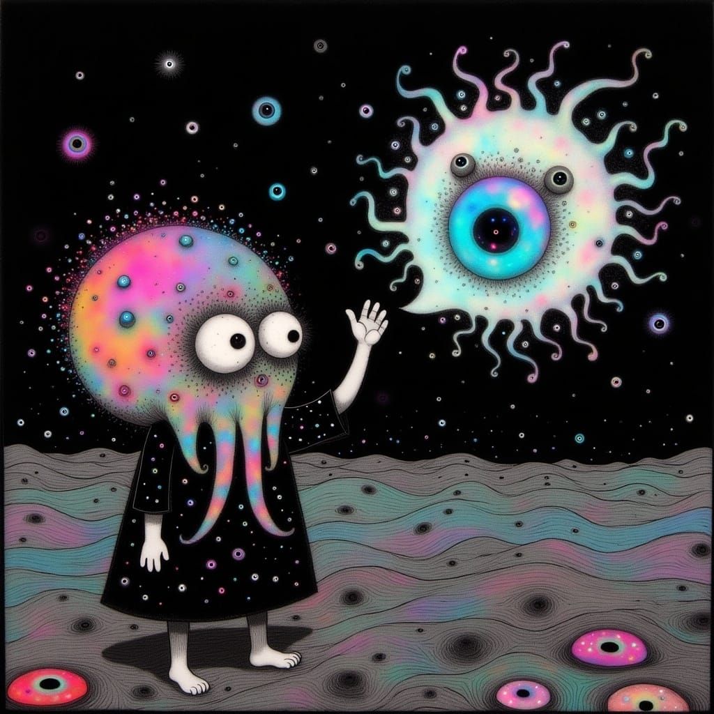 Whimsical Rainbow Octopus Twin Stretching into the Ocean