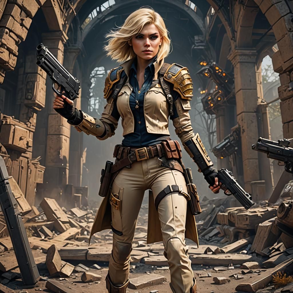 Blondie as Female Shadowrunner Holding Pistols