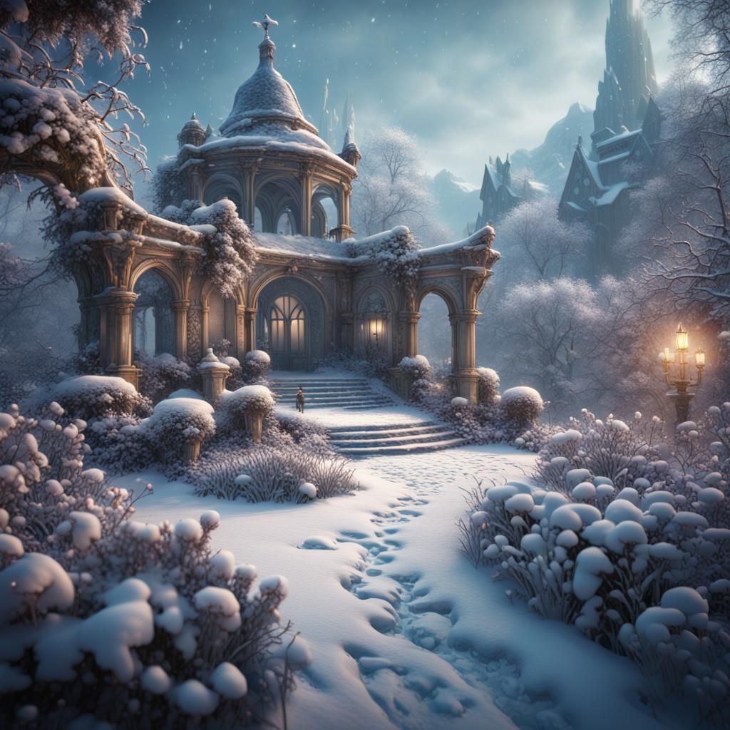 Fantastical Snowy Garden in Detailed Matte Painting