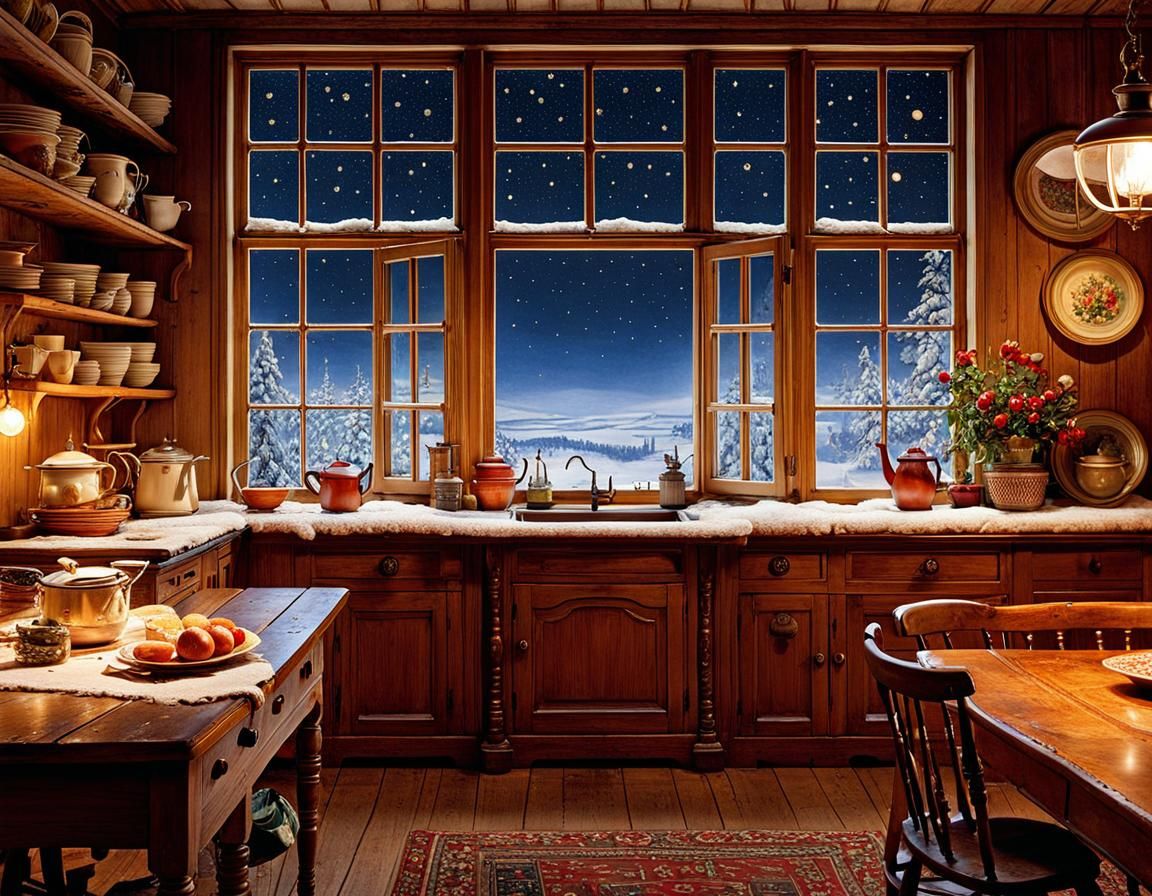 Cozy Kitchen with Starry Night, Inspired by Folk Art