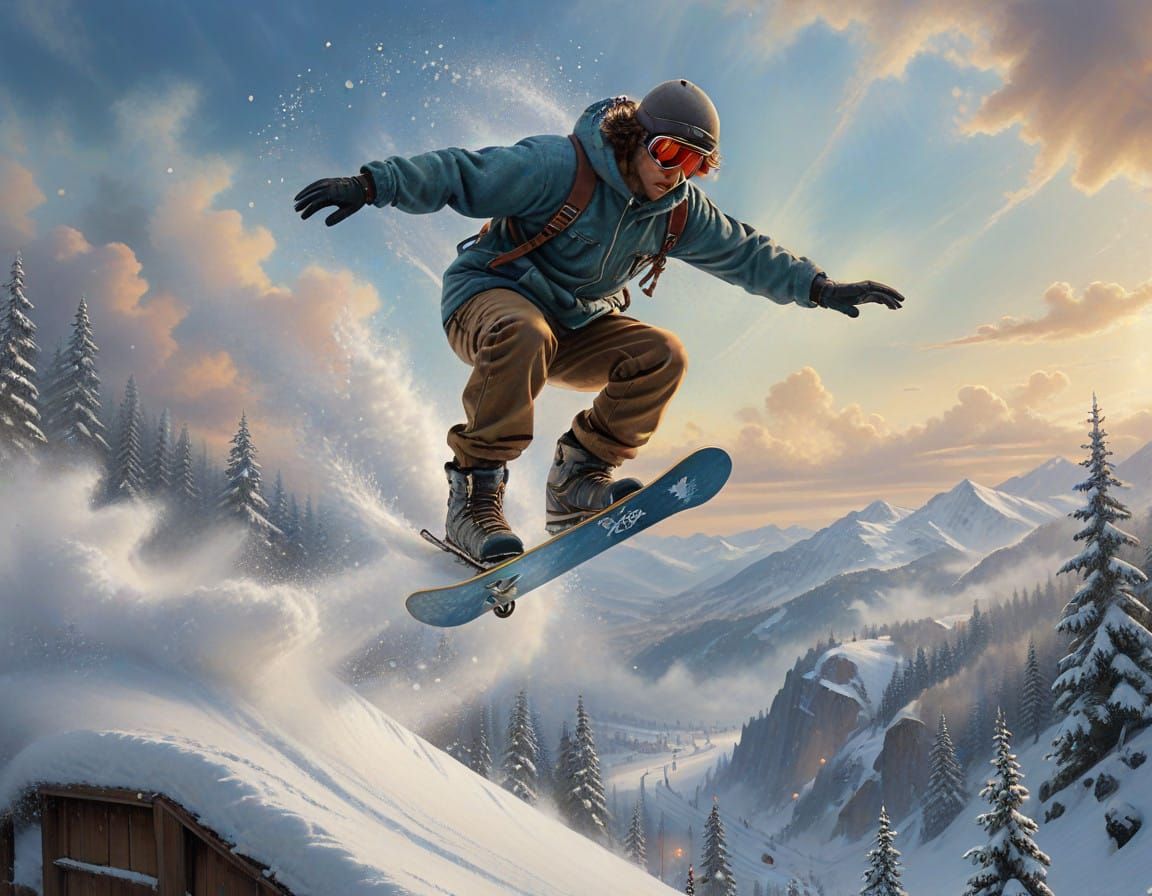 Ethereal Snowboarder in Dreamy Winter Wonderland