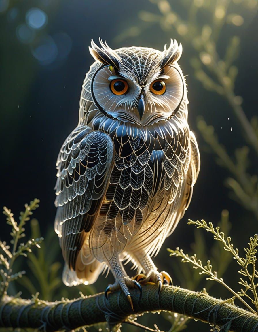 Elegant Spider Web Owl Sparkling with Dew