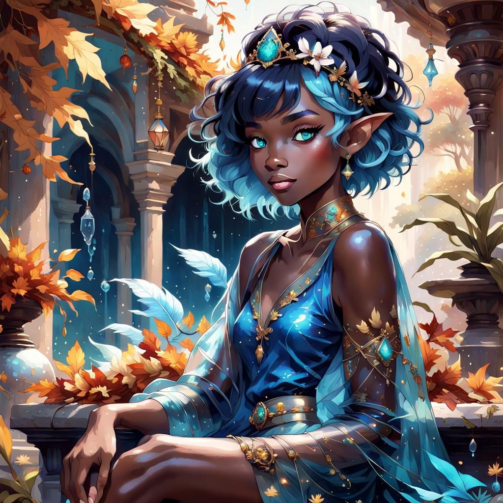 Elf with Autumnal Attire in Fantasy Garden