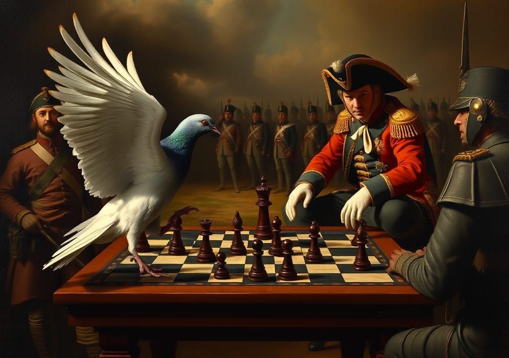 Pigeon Disrupts Chess Game in 19th Century Oil Painting
