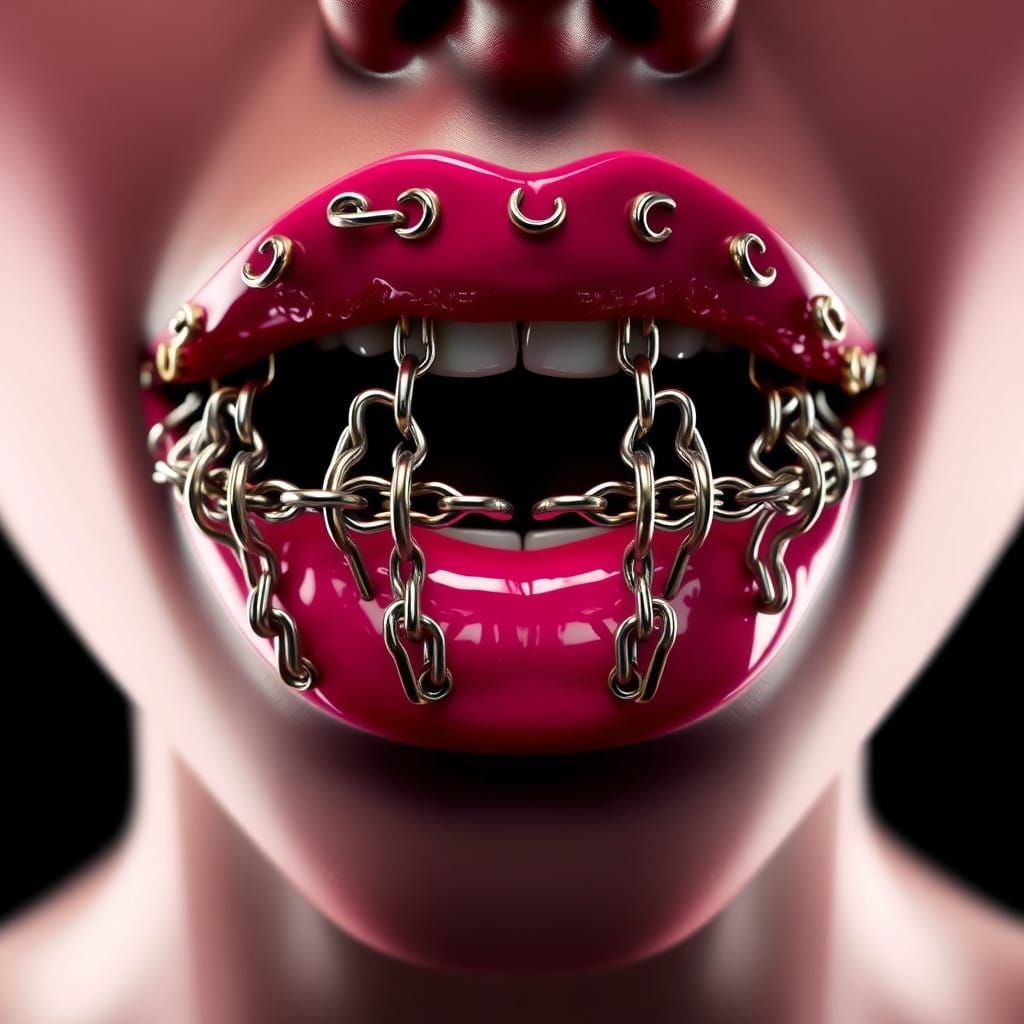 Surreal Cyberpunk Lips in Metallic Grillwork