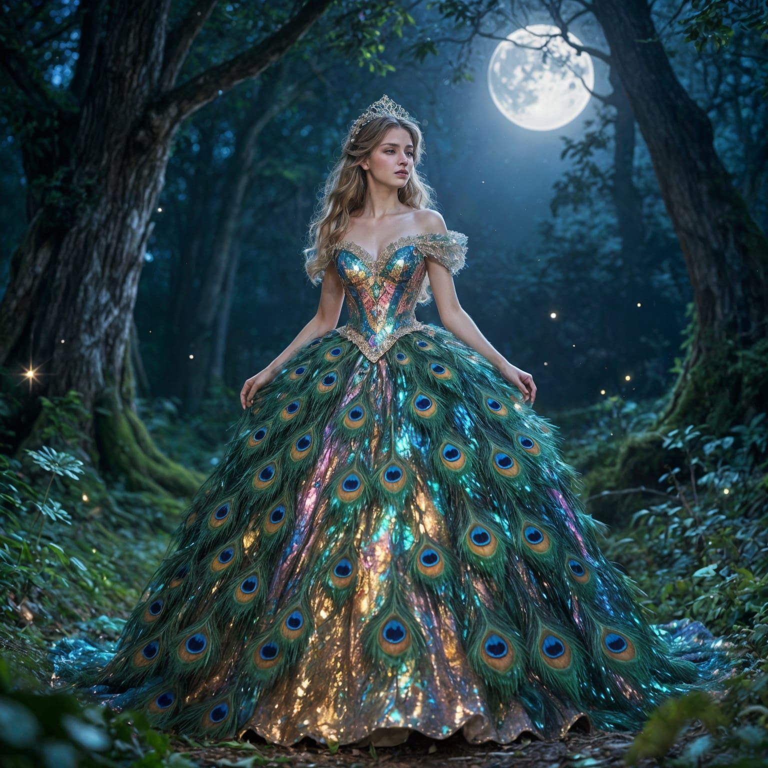 Fairytale Princess in Moonlit Forest with Peacock Gown
