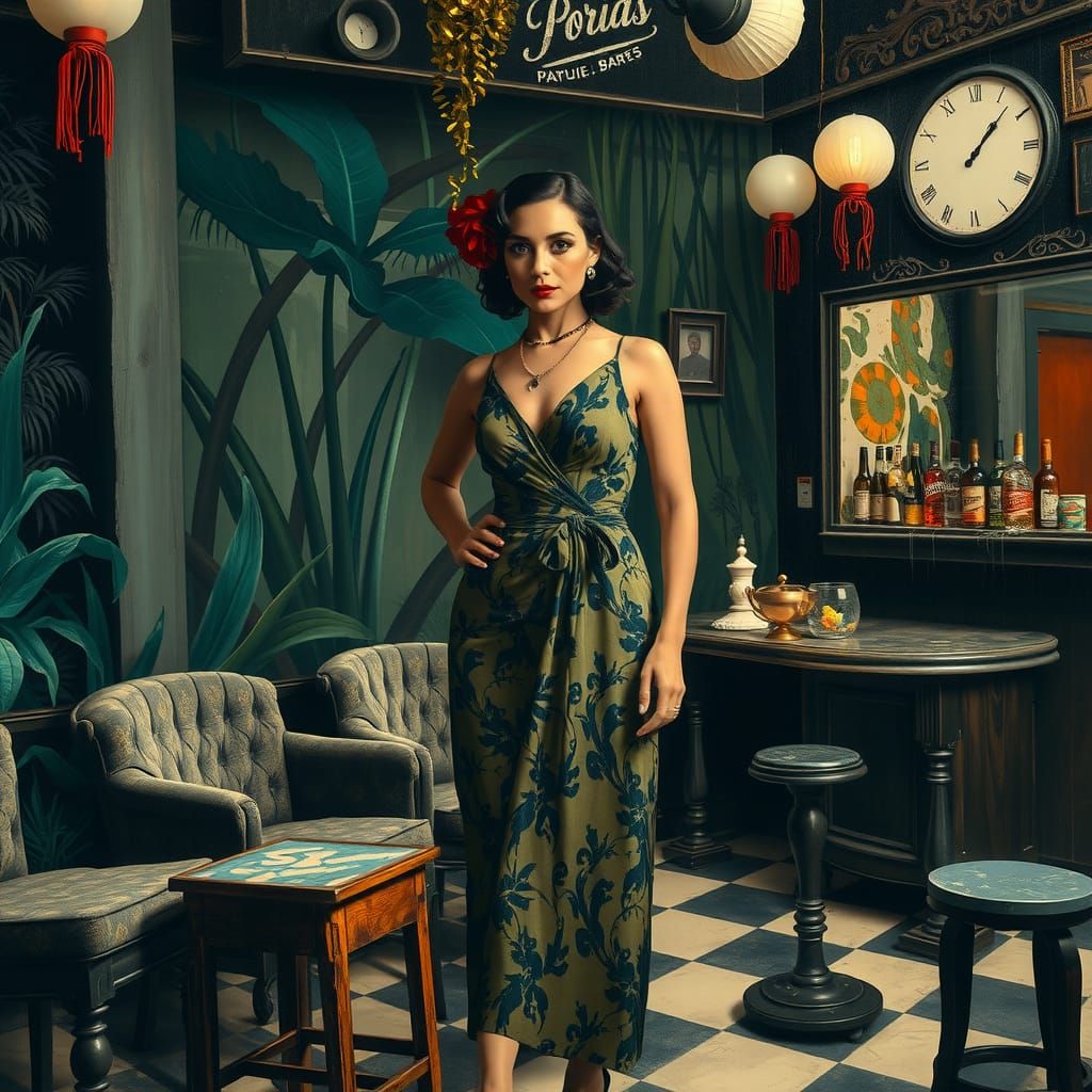 Vintage Parisian Woman in Abstract Jungle Landscape