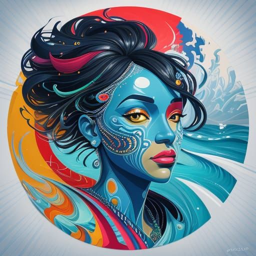 African Woman Amidst Ocean Waves in Cubist Style