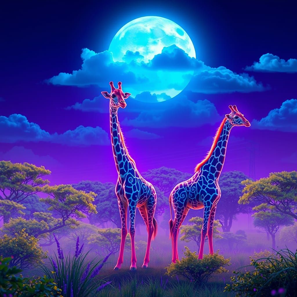 Afrofuturist Giraffes Roam Neon Savannah, Digital Art