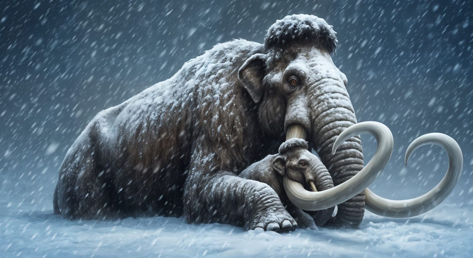Woolly Mammoth Protecting Baby in Snowstorm