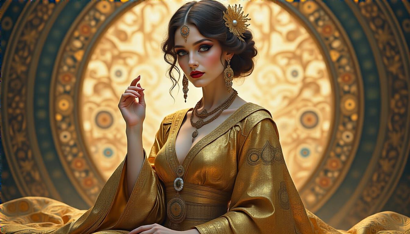 Elegant Woman in Golden Attire: A Klimt-Inspired Portrait