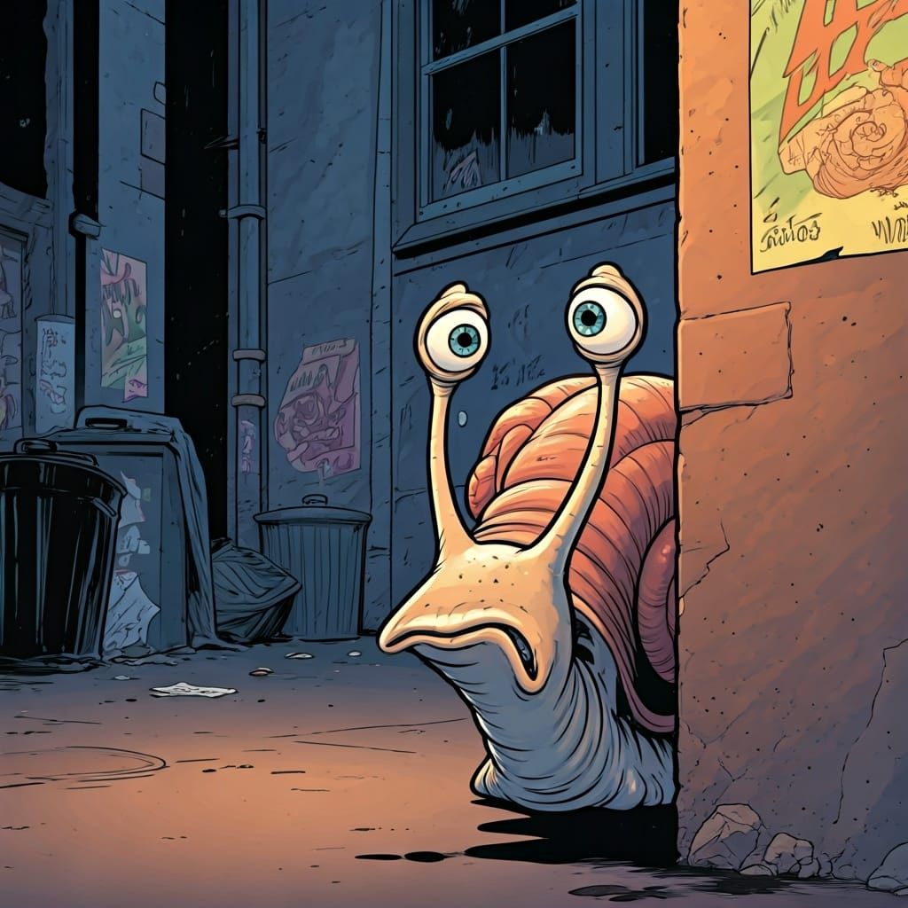 Curious Comic Snail Peeking in Urban Alley