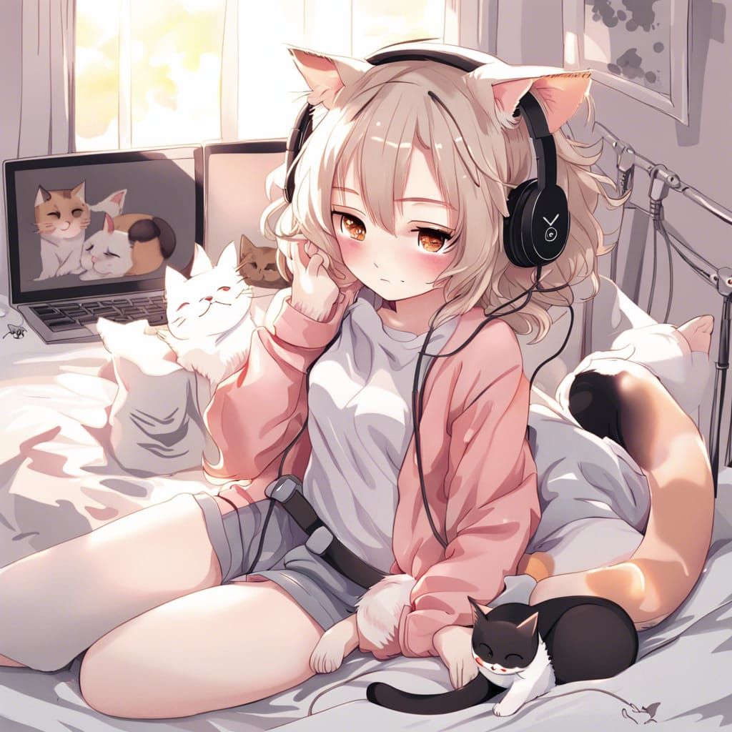 Cat Girl with Headphones in Anime Style