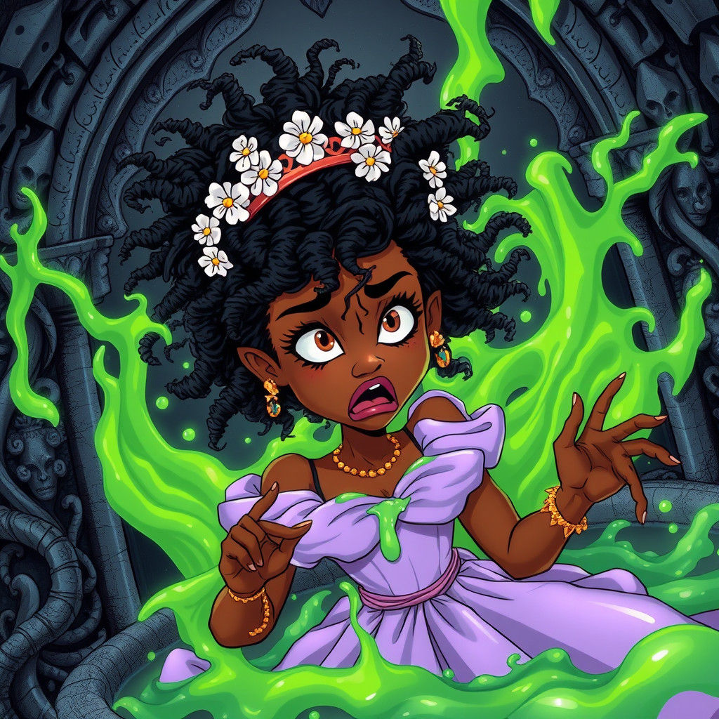 Princess Consumed by Green Slime in Gothic Fountain