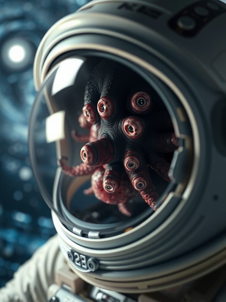 Astronaut Helmet Reflection Shows Cosmic Horror