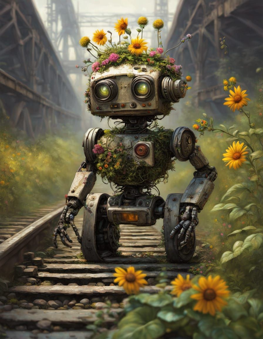 Battered Robot with Flowers on Overgrown Bridge