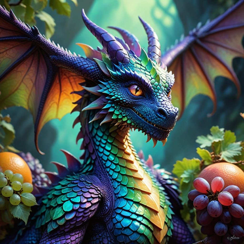 Fantastical Grape-Dragon in Whimsical Digital Painting