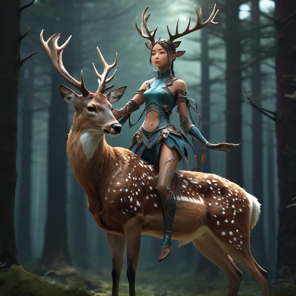 Elegant Deer-Woman Fantasy Fusion Creature in Anime 3D Art