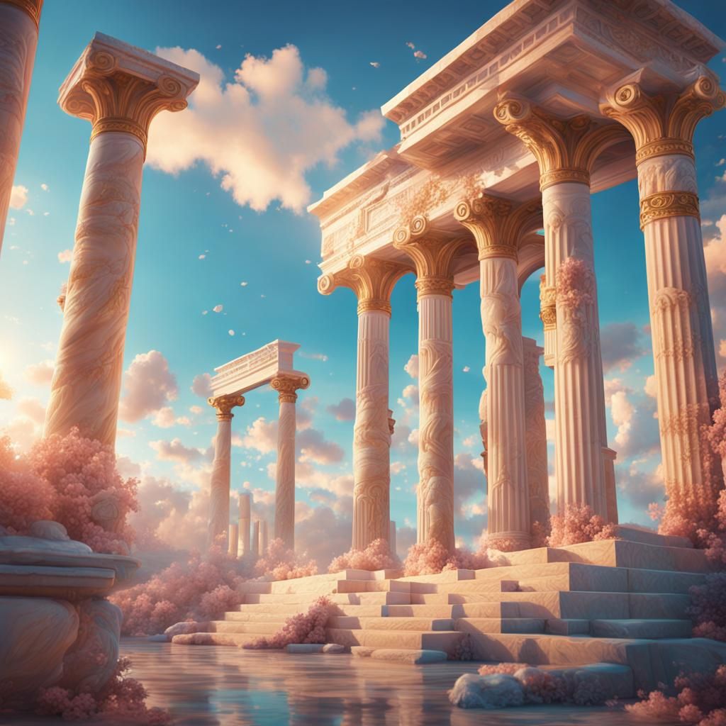 Utopian Goddesses in Ancient Greek Pastel Dreamscape