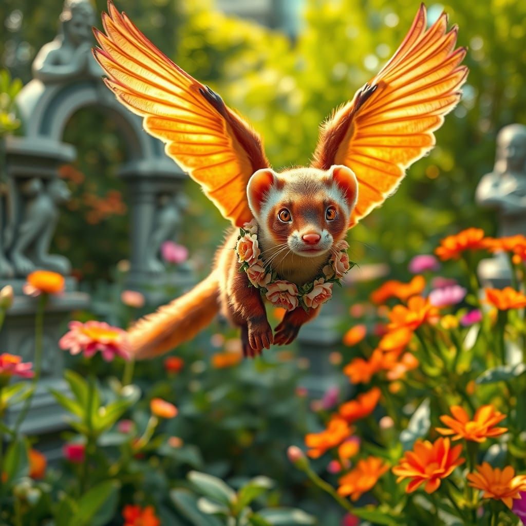 Winged Fire Ferret in Lush Garden: Photorealistic Image