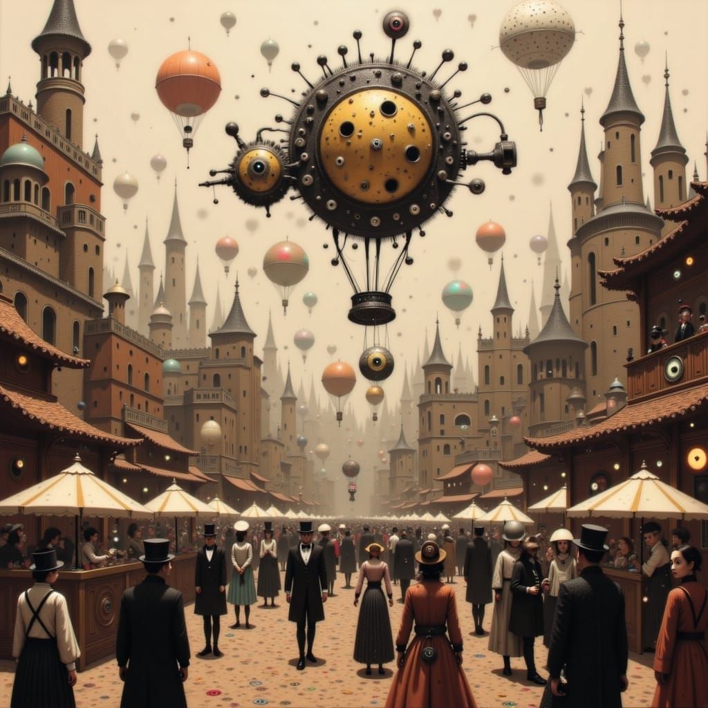 Steampunk Carnival Plaza with Automatons and Dirigibles