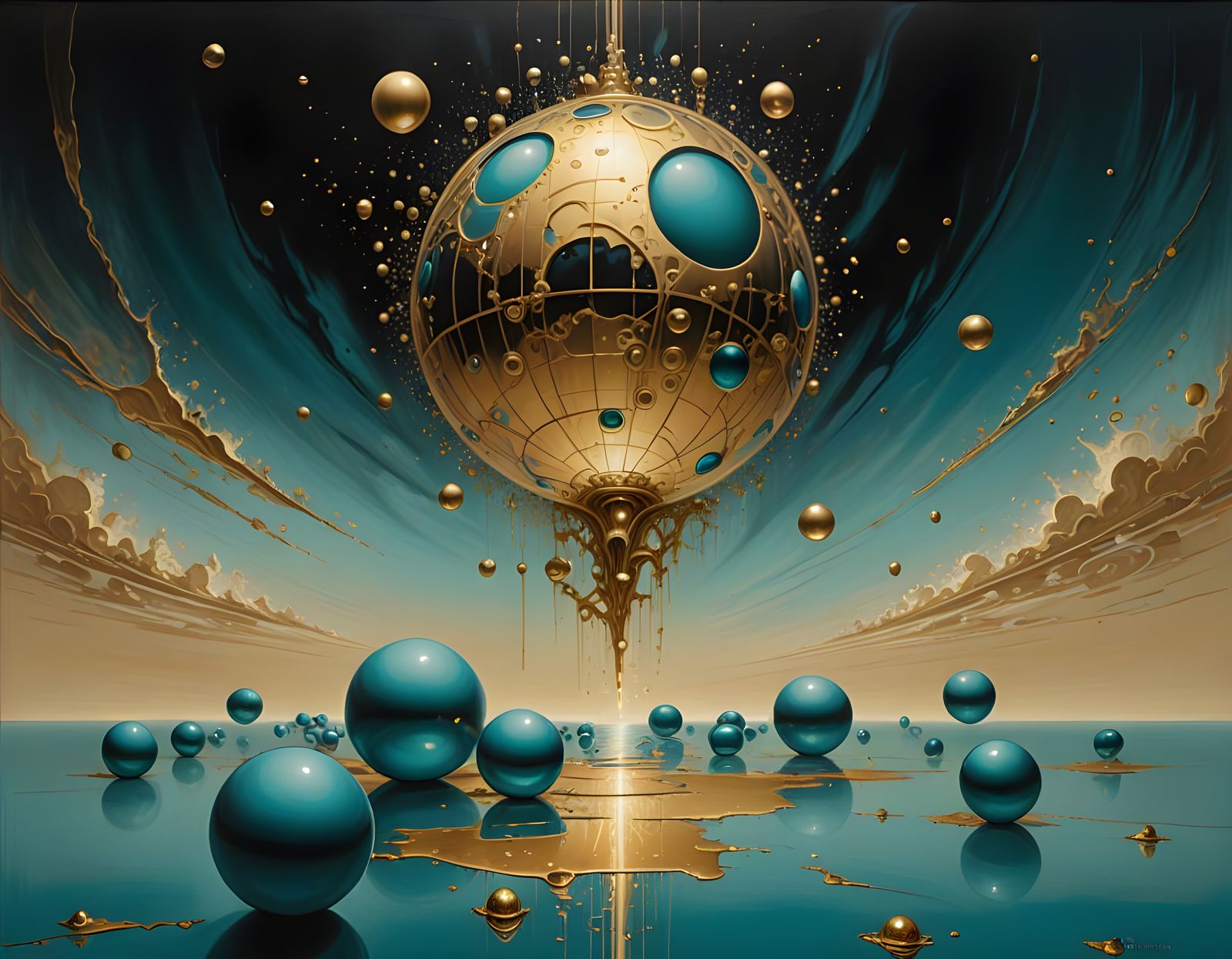 Gold and Turquoise Stained Glass Window with Spheres