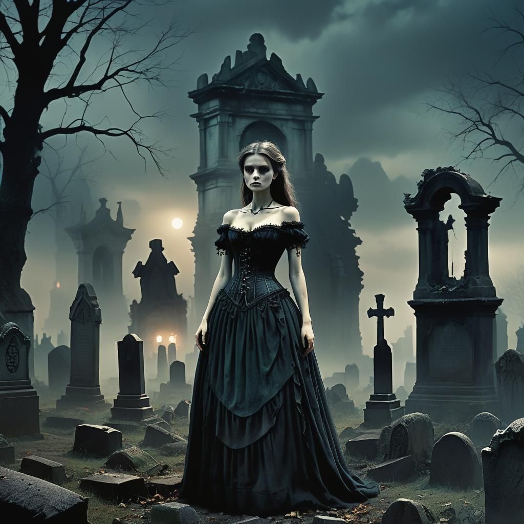 Victorian Vampire in Foggy Cemetery, Beksiński Style