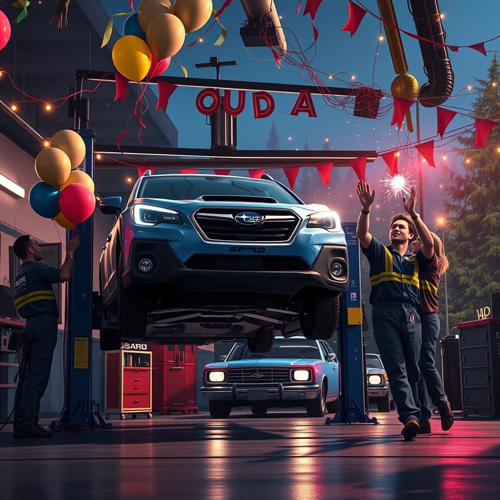 Vibrant Subaru Celebration in Seattle's Suburban Garage