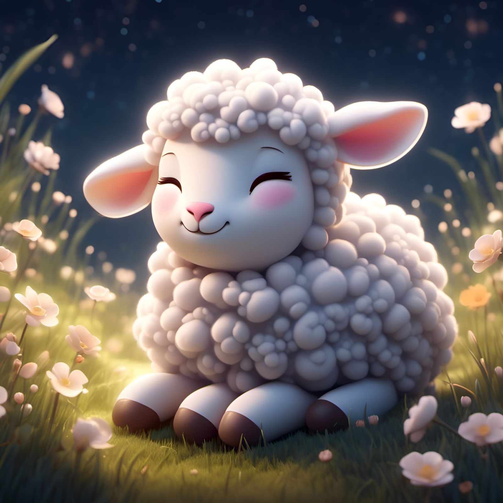 Adorable Chibi Lamb Sleeping in Moonlit Field