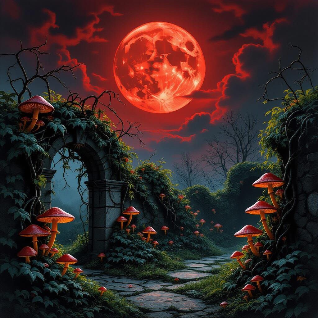 Eerie Overgrown Garden Under a Blood-Red Moon