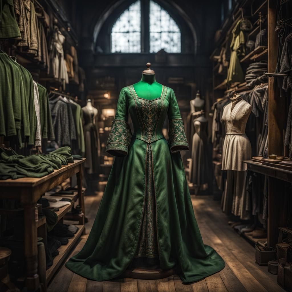 Medieval Clothing Shop with Mannequins and Textiles