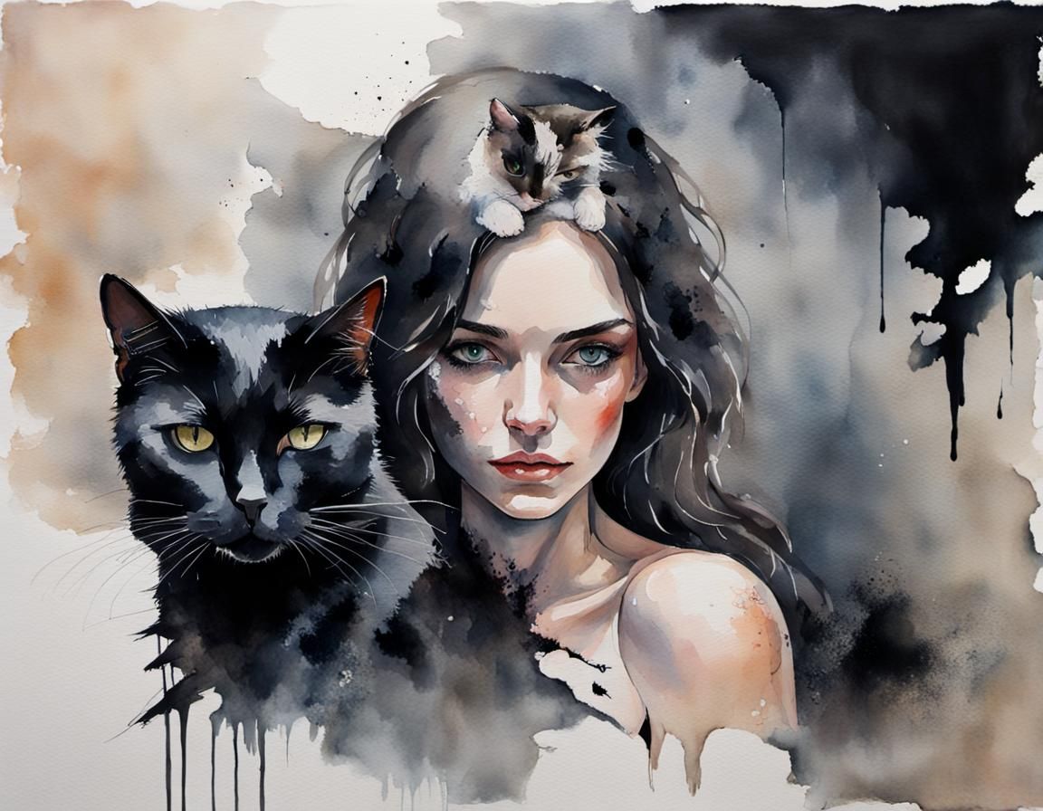 Faded Watercolor of Woman with Cat on Torn Canvas