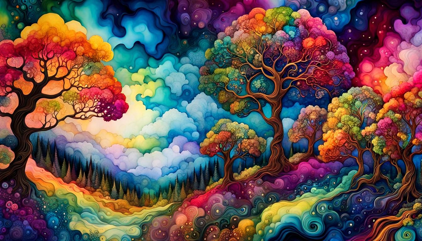 Magical Forest in Alcohol Ink Art Style