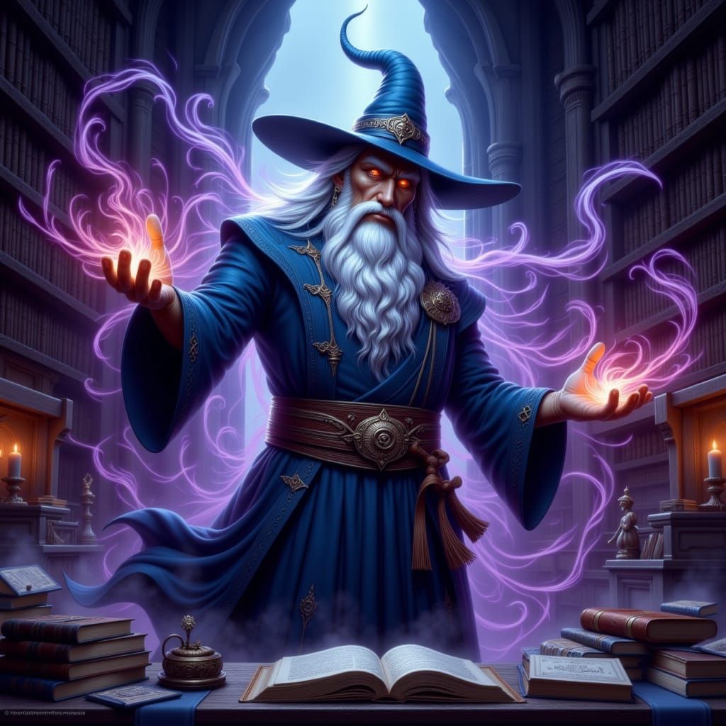 Epic Fantasy Wizard Casting Spell in Ancient Library