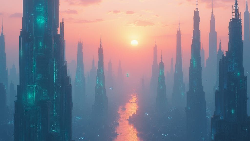 Ethereal Jade Cityscape at Triple Sunset