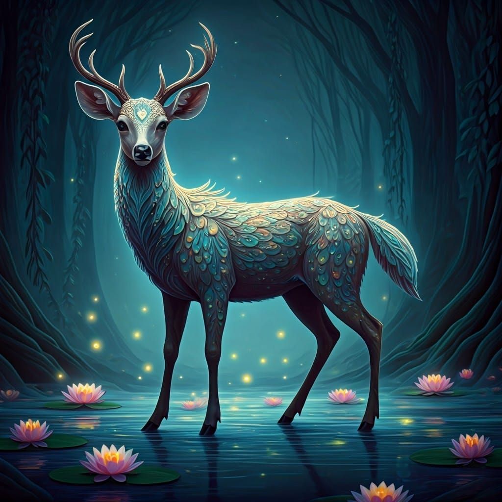 Surreal Deer in Whimsical Moonlit Forest